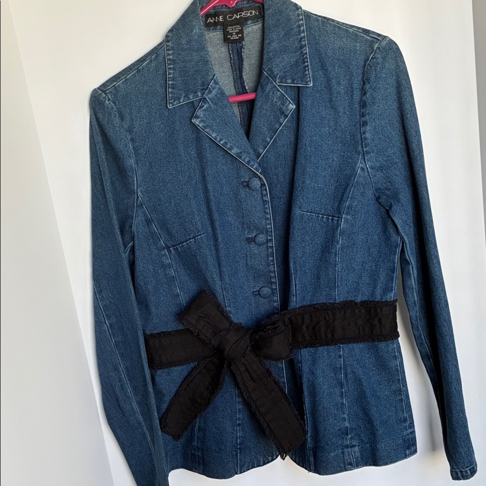 Anne Carson Blue Denim Jacket with Black Bow